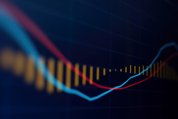 Close up financial chart with uptrend line graph in stock market on monitor background
