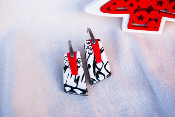 Handmade trendy jewelry of polymer clay. Red white earrings.