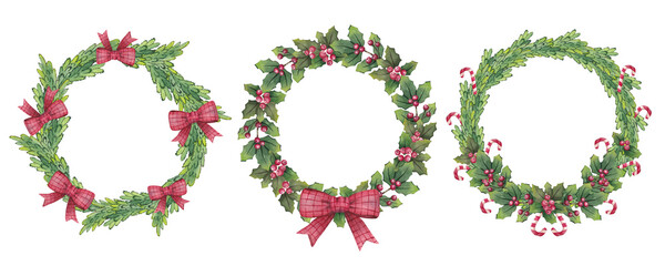 Set of Christmas watercolor wreaths with fir branches, green leaves, berries and a red bow. For postcards, congratulations, wallpaper, background