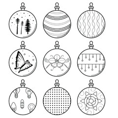 Set Black Doodle Outline Simple Line Abstract Collection Christmas Xmas Balls Holiday Decorations Happy New Year Background Vector Design Style