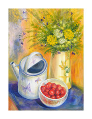 Still life with a watering can, a bouquet of wild herbs and flowers, with red berries in a glass cup. Oil painting on textured canvas is suitable for the interior of the kitchen, dining room, cafe