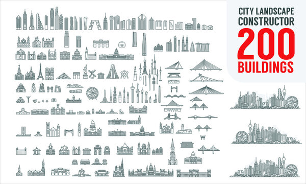 City Constructor. City skyline and 200+ buildings. Collection of building icons in liner style. Bridges,  skyscrapers, iconic places, trees and bushes. Editable stroke.