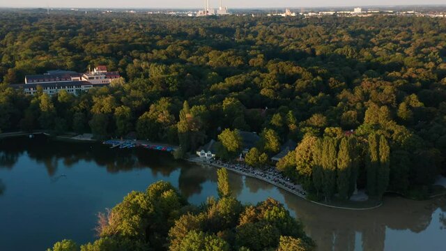 Aerial view of the famous Seehaus Biergarten in the Englischer Garten in Munich