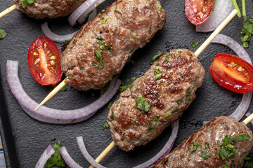 Traditional homemade kefta or kebab of meat. Halal concept. Arabic and turkish food