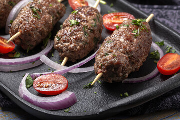 Traditional homemade kefta or kebab of meat. Halal concept. Arabic and turkish food
