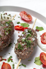 Traditional homemade kefta or kebab of meat. Halal concept. Arabic and turkish food