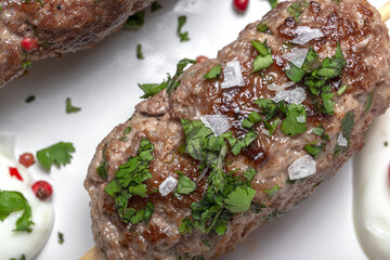 Traditional homemade kefta or kebab of meat. Halal concept. Arabic and turkish food