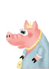 Cute cartoon queen pig in blue dress 