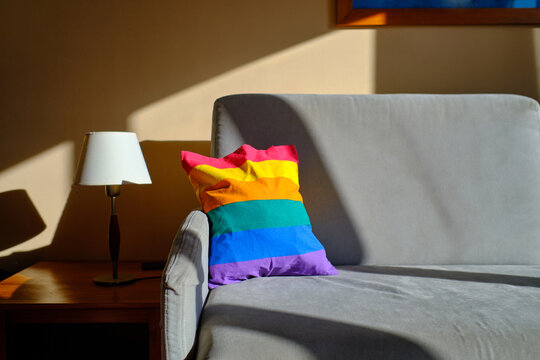 A rainbow-colored cushion or pillow on a sofa in a living with the daylight