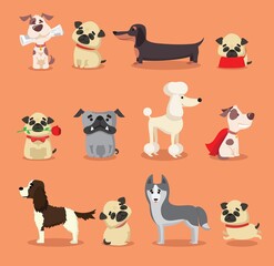 Vector illustration set of cute and funny cartoon little dogs-pupies