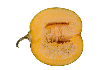 large ripe green pumpkin cut in half on a cut out background view two
