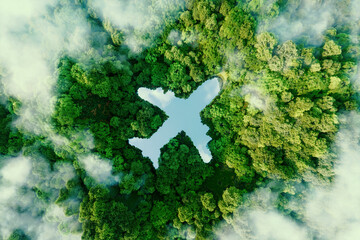 A lake in the shape of an airplane in the middle of untouched nature - a concept illustrating the ecology of air transport, travel and ecotourism. 3d rendering. - obrazy, fototapety, plakaty