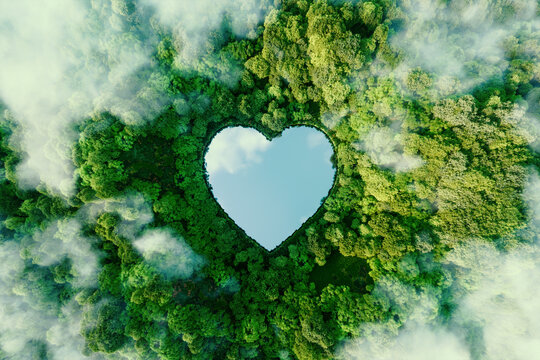 A heart-shaped lake in the middle of untouched nature - a concept illustrating the issues of nature conservation, bio-products and the protection of forests and woodlands in general. 3d rendering.