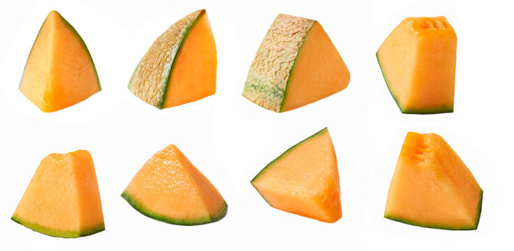slices of cantaloupe melon isolated on white background.