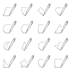 The pen draws geometric shapes. Set of isolated linear icons. Vector on pure white background.