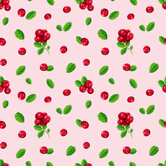 Lingonberry seamless pattern. Wild berries on a pink background. Northern blue berry and green leaves. Vector botanical illustration