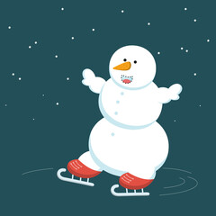 Happy snowman with carrot nose goes ice skating.