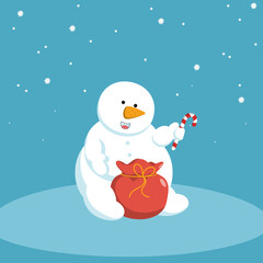 White snowman sits with red christmas bag and lollipop in hand.