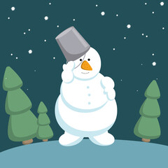 Snowman with a bucket on his head and a carrot nose on a hill with Christmas trees.