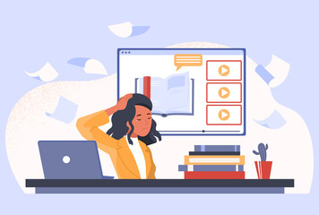 Tired woman studying concept