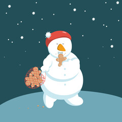 Cute snowman eats gingerbread and holds a bag of cookies in his hand.