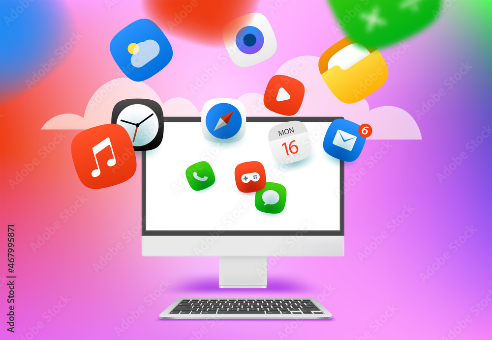 Aufkleber Using different internet applications via modern personal computer. Vector concept