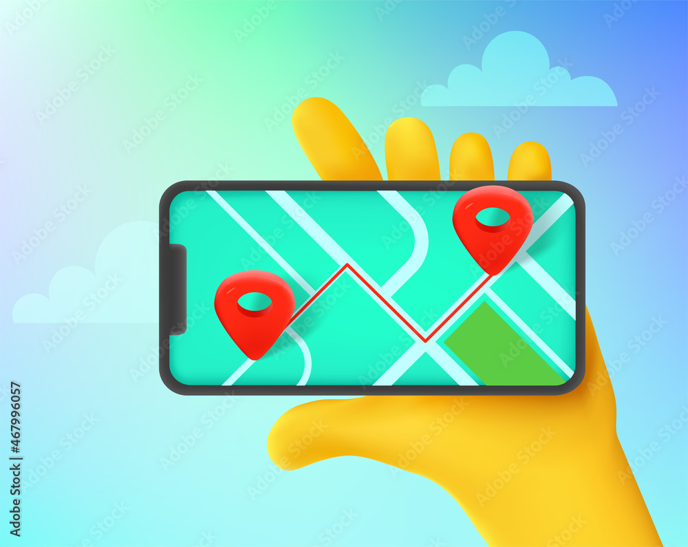 Poster man holding smartphone with navigation application. comic 3d style vector illustration