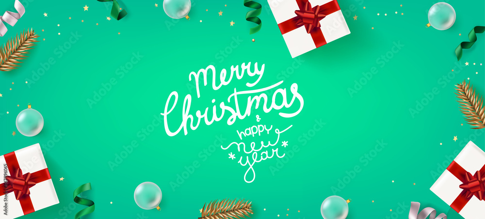 Poster Christmas flat lay background with holiday elements. Realistic vector card with inscriptioin