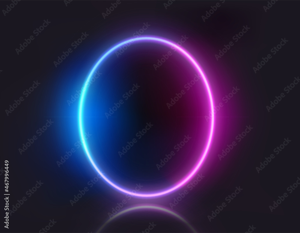 Poster oval shape neon glowing frame on dark background. trendy color vivid gradient. template for design