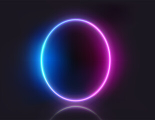 Oval shape neon glowing frame on dark background. Trendy color vivid gradient. Template for design