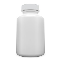 Vitamin pill bottle. White plastic supplement jar, isolated blank. Medical capsule pharmaceutical container design. Aspirin drug tablet bottle illustration, antibiotic cure drugs vertical box
