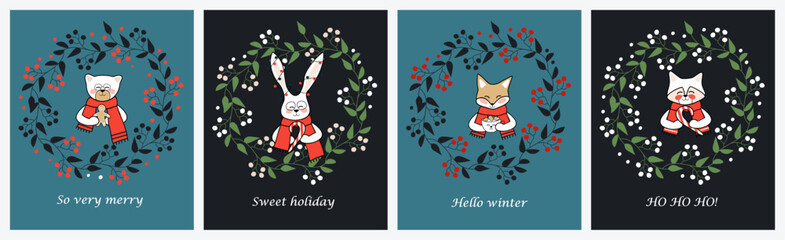 Christmas animals. Set of Christmas cards with animals: deer, rabbit, cat, bear. Template for greeting, winter holiday cards, posters, banners, and covers. Floral wreaths. Vector.