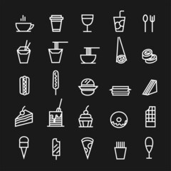 Food icons. Set of  icon: drinks, sweets, noodles, sushi. Vector illustration.