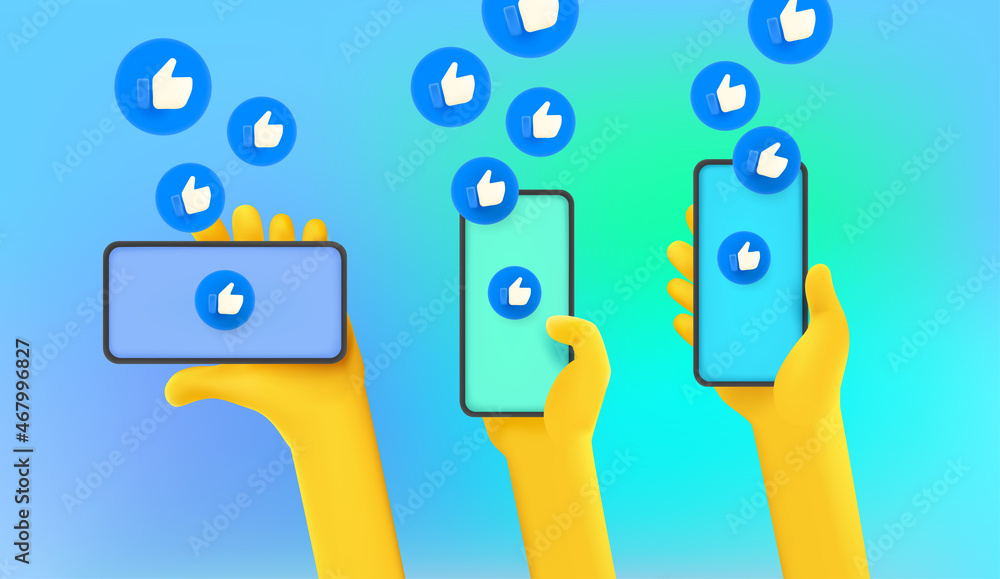 Poster using mobile applications in social network. people holding modern smart phones
