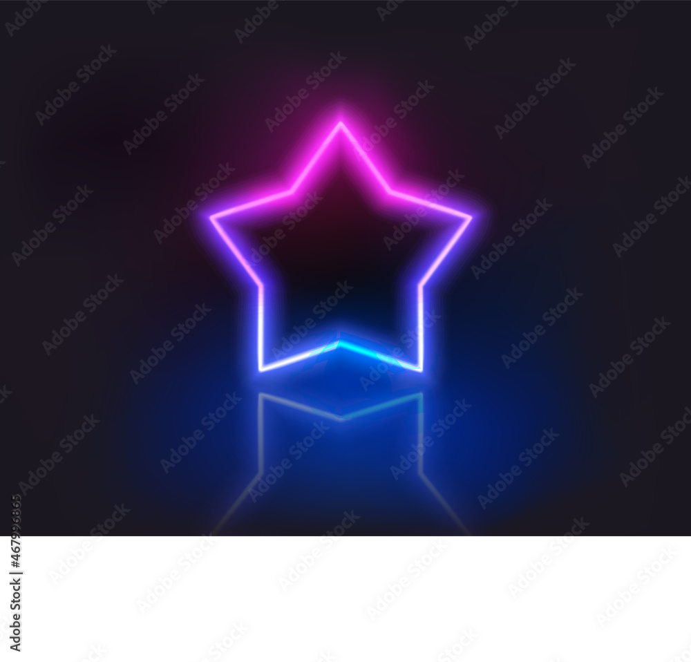 Poster star shape neon glowing frame on dark background. trendy color vivid gradient. template for design