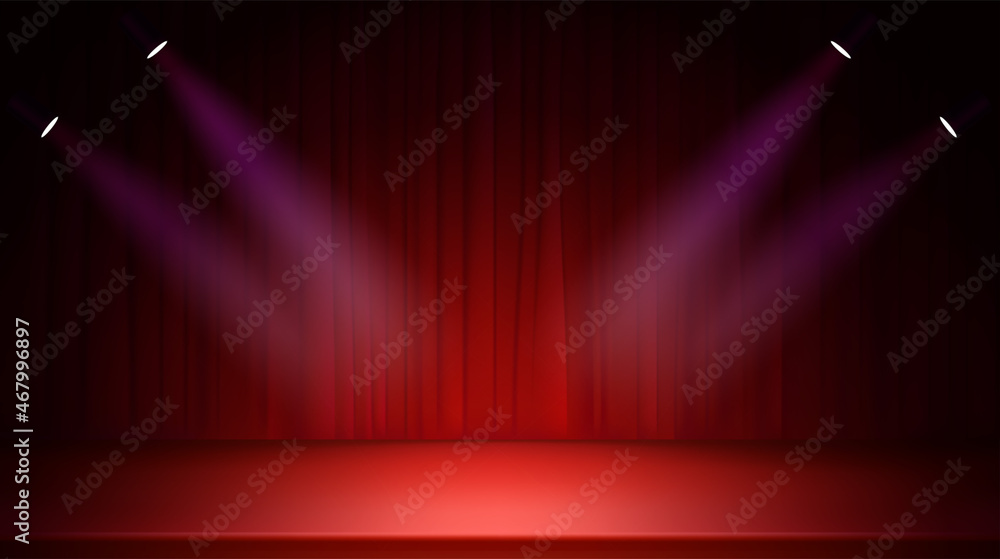 Poster bright stage with red curtains and spotlights. 3d style realistic vector illustration