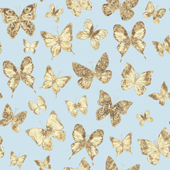 Butterflies pastel blue glittering luxury seamless pattern