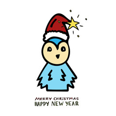 Blue penguin in a New Year red hat in cartoon style with lettering Merry Christmas and Happy New Year. Vector illustration for children s book, postcard, poster, interior, textile.