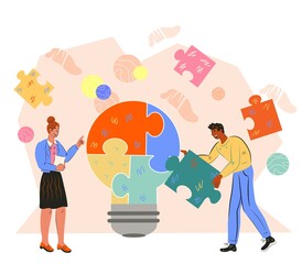 Partnerships and collaborations with team of business people put  puzzle together. Teamwork and cooperation to achieve goals and objectives,  flat vector illustration isolated on white background.