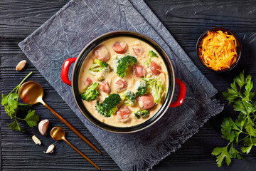 Broccoli Cheddar cheese Sausage Soup in a pot