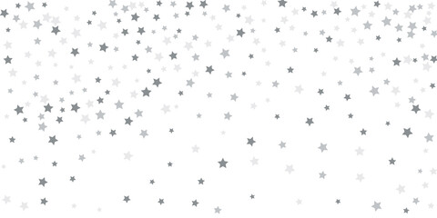 Silver star confetti. Falling stars on a white background. Illustration of flying shining stars. Decorative element. Suitable for your design, postcards, invitations, gift, vip.