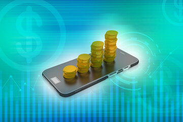 3d illustration gold coind mobile phone money saving concept
