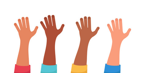 Different ethnic hands raised up isolated on White Background. Vector Illustration.