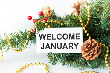 Hello January - business concept with text next to spruce branch with a cone and beads on a light background