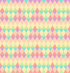 Seamless abstract background pattern. Colorful tones, green, red, pink, yellow. Geometric, diamond shape, triangle. Texture design for cover, banner, flyer, poster, tile, wall. Vector illustration.