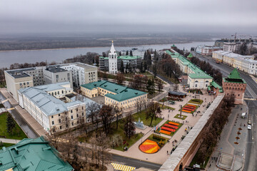 a panoramic view from a drone of the old part of the city with the Kremlin of Nizhny Novgorod on a cloudy autumn day 