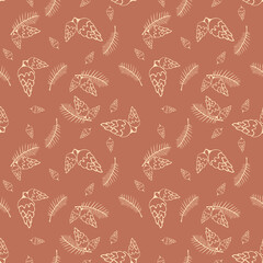 Stylish background of golden cones with fir branches on a warm brown background. New Year's festive theme. Vector design for print, wallpaper, decorations, packaging, textiles, winter decor covers