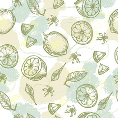 Seamless pattern of hand-drawn lemons, slices, flowers. Tropical citrus duldle background. Fruit sketch template, healthy food for fabric design, wrapping paper, labels. Vector illustration.