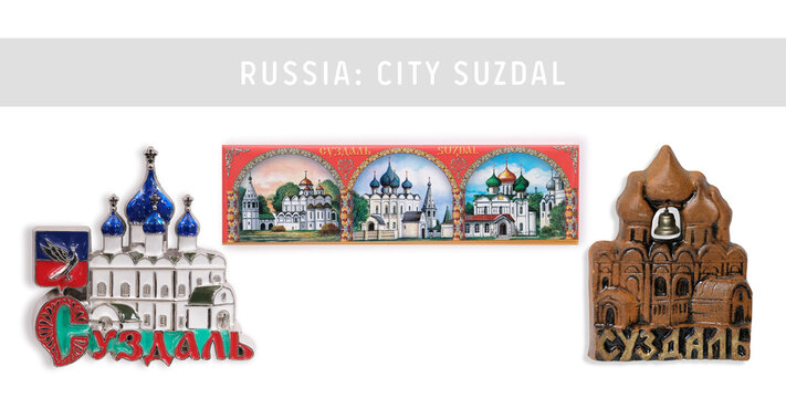 Magnetic souvenirs from Russia. Russian inscription means the city name "Suzdal" in English