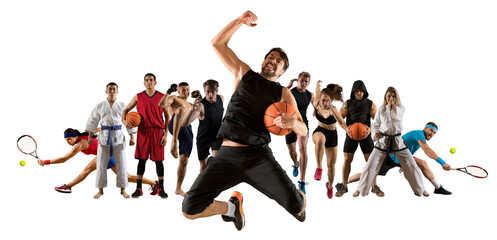 Sport collage. basketball, running,  boxing,  taekwon-do and tennis players